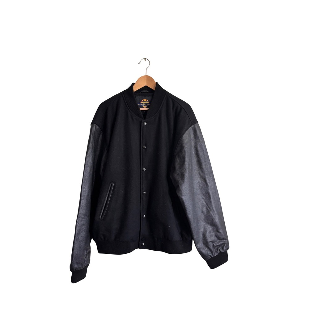 Newlander Mens Black Varsity Jacket Wool Blend Genuine Leather Sleeves Large